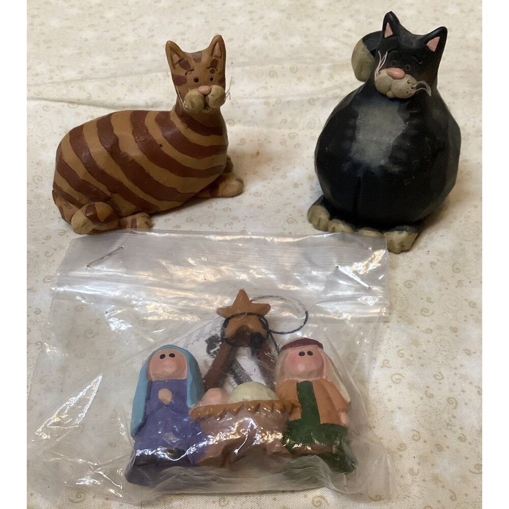 Blossom Bucket Suzi Cat Kitten & Miniature Nativity Figures Vintage Country